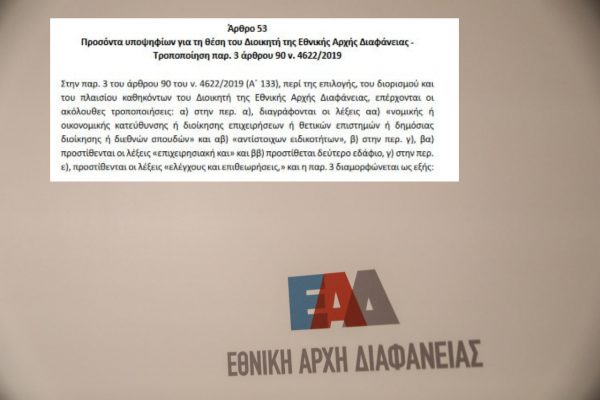 Ερωτήματα και αντιδράσεις για διάταξη περί αλλαγής των εκ του νόμου προσόντων του επικεφαλής της ΕΑΔ