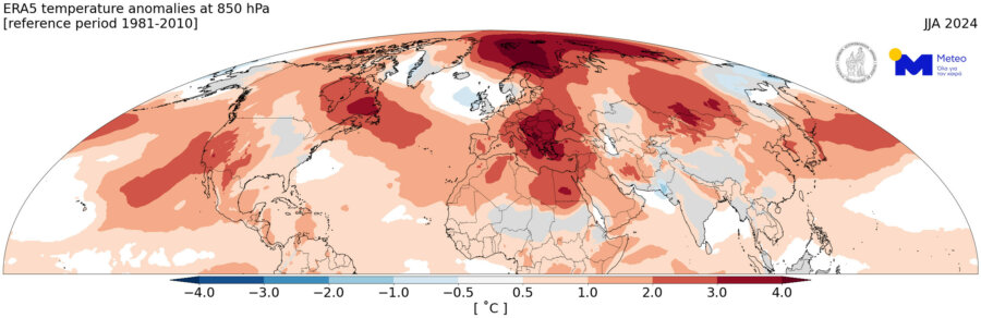 Γράφημα 1: Θερμοκρασιακές αποκλίσεις στο ισοβαρικό επίπεδο των 850 hPa (~1500 μέτρα πάνω απο την επιφάνεια) κατα τους καλοκαιρινούς μήνες (Ιούνιο-Αύγουστο) του 2024 για το Βόρειο ημισφαίριο