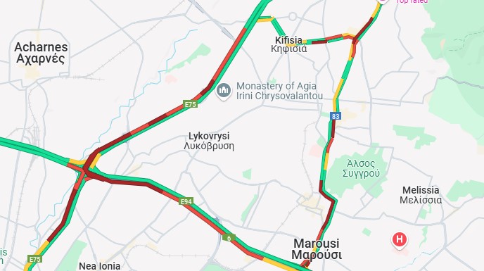 «Κοκκίνισε» ο χάρτης της Αθήνας - Τρομερό μποτιλιάρισμα σε Κηφισίας, Αττική Οδό και κέντρο