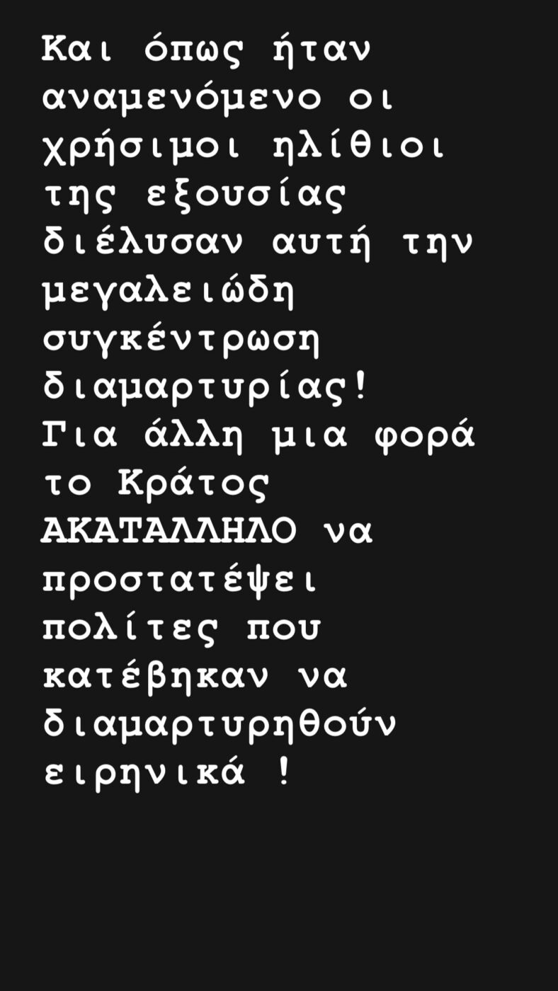 Ανθή Βούλγαρη: «Ακατάλληλο το κράτος να προστατέψει τους πολίτες που κατέβηκαν να διαμαρτυρηθούν ειρηνικά»