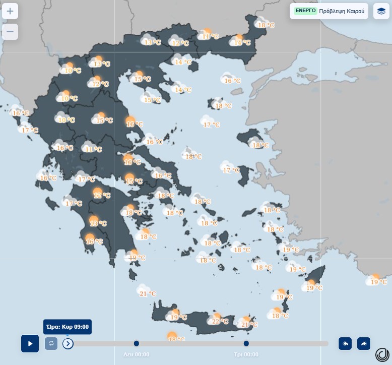 εικόνα που δείχνει χάρτη της ΕΜΥ με τις μέσες τιμές θερμοκρασίες για την Κυριακή